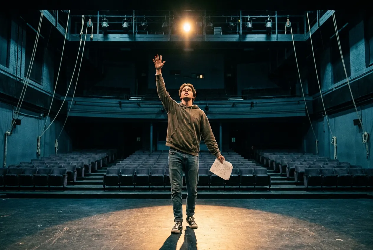 Performing arts student rehearsing on a university theater stage in a dramatic spotlight, empty seats and stage rigging visible