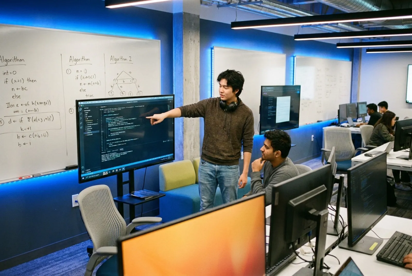 STEM student in a modern university computer science lab pointing at code on a large monitor while a classmate looks on
