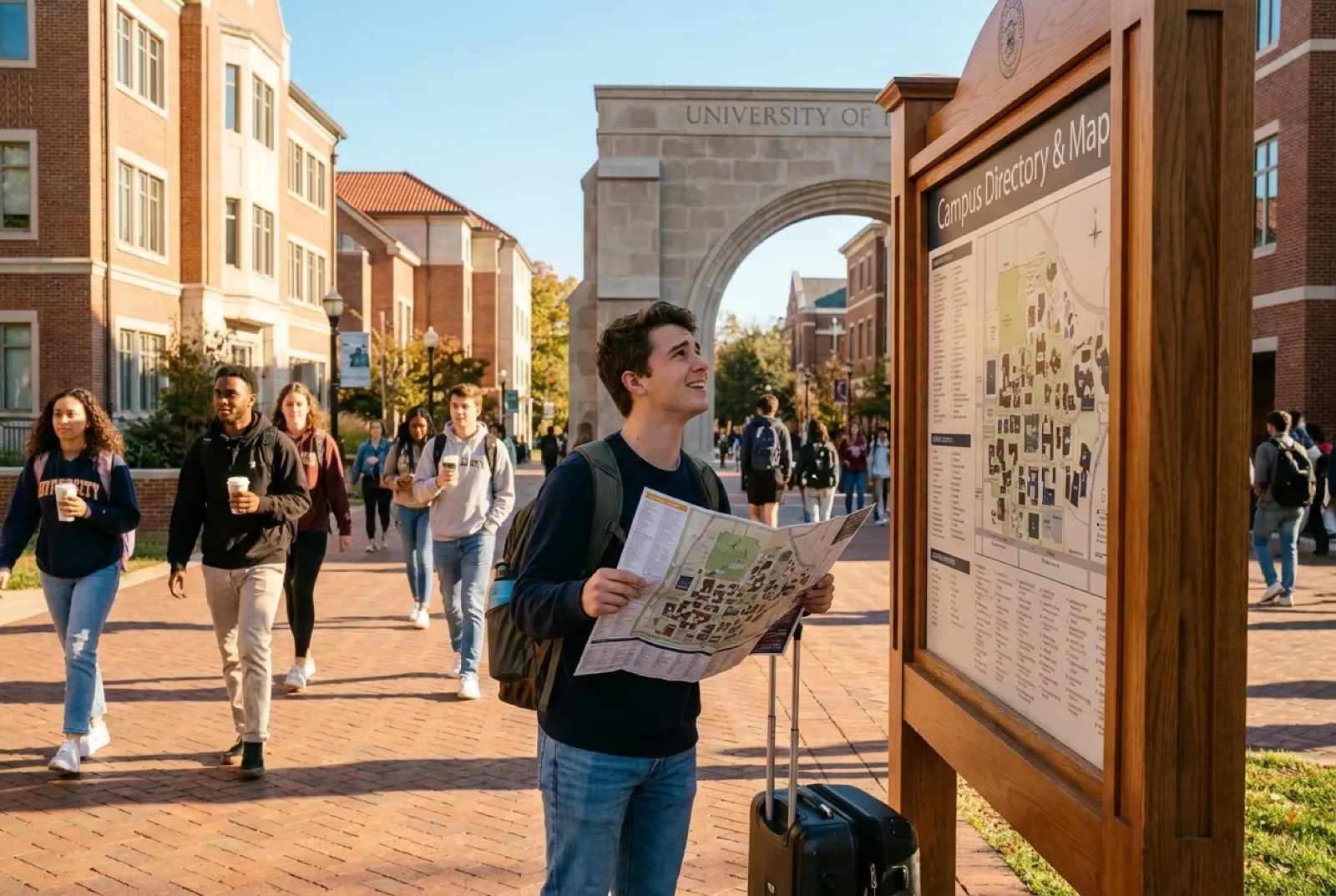 Transfer student holding an unfolded campus map, looking up at a building directory sign with a rolling suitcase beside them