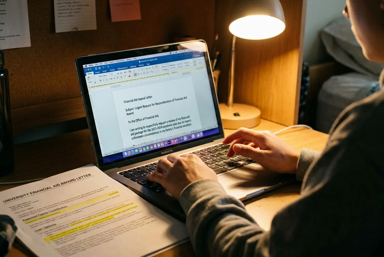 Over-the-shoulder view of hands typing a financial aid appeal letter on a laptop, with a printed aid award annotated in yellow highlighter beside it