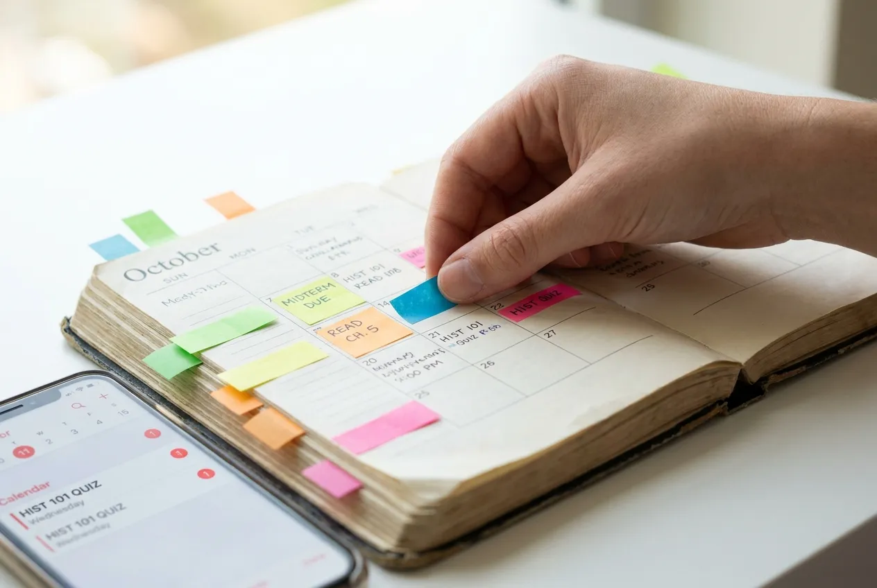 Open academic planner with color-coded sticky tabs marking financial aid and scholarship deadlines across months