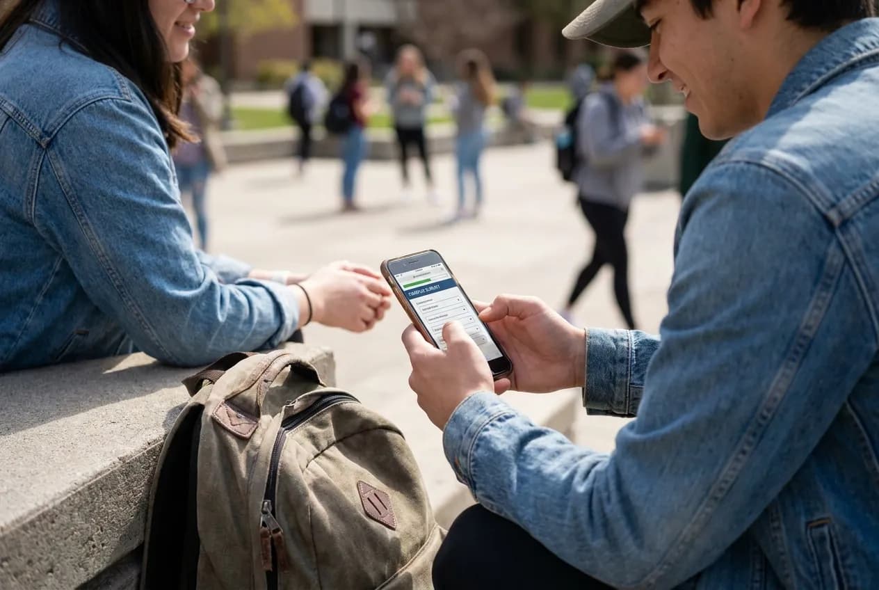 Student sitting outdoors on campus steps tapping through a merit aid eligibility quiz on their phone