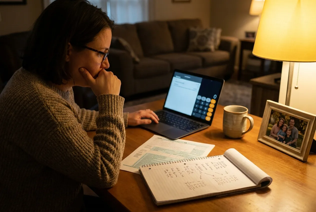 Parent at a home desk working through a Student Aid Index estimator on a laptop with a printed tax return and handwritten notes