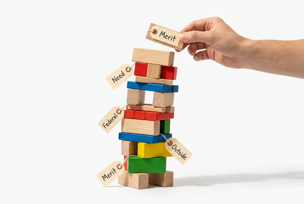 Wooden building blocks labeled Merit, Need, Federal, and Outside stacked in a precarious tower, with a hand placing another block on top