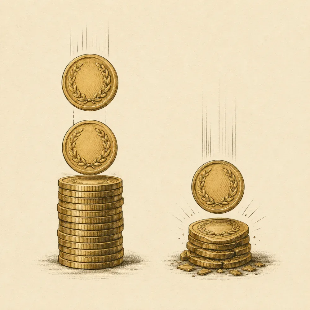 Two stacks of gold coins side by side: one grows taller as a second award stacks on top, the other collapses as a new award cancels part of it out.