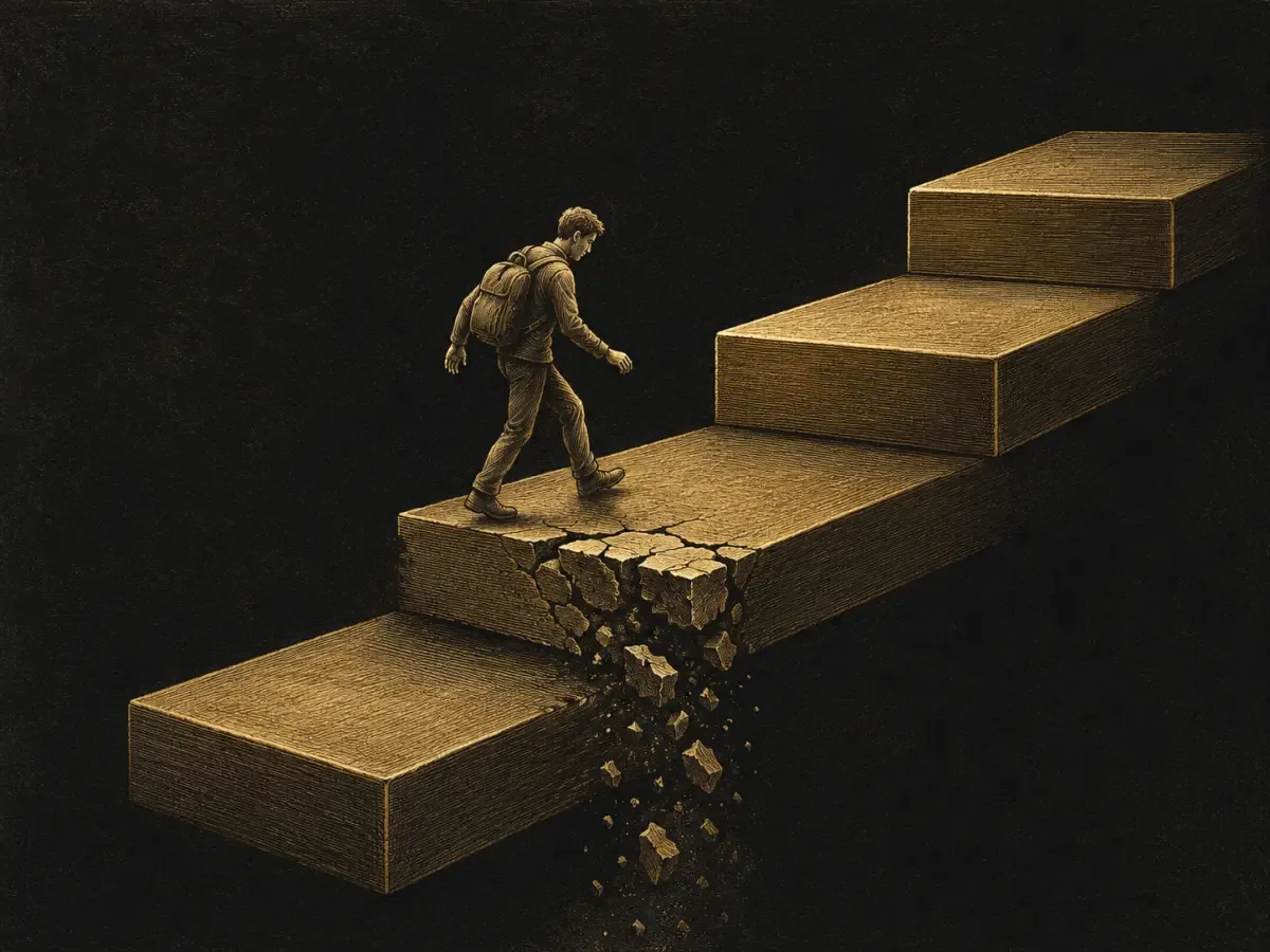 A student walking up a staircase of gold steps where one step is cracked and crumbling away, representing a scholarship that fails its renewal rule.