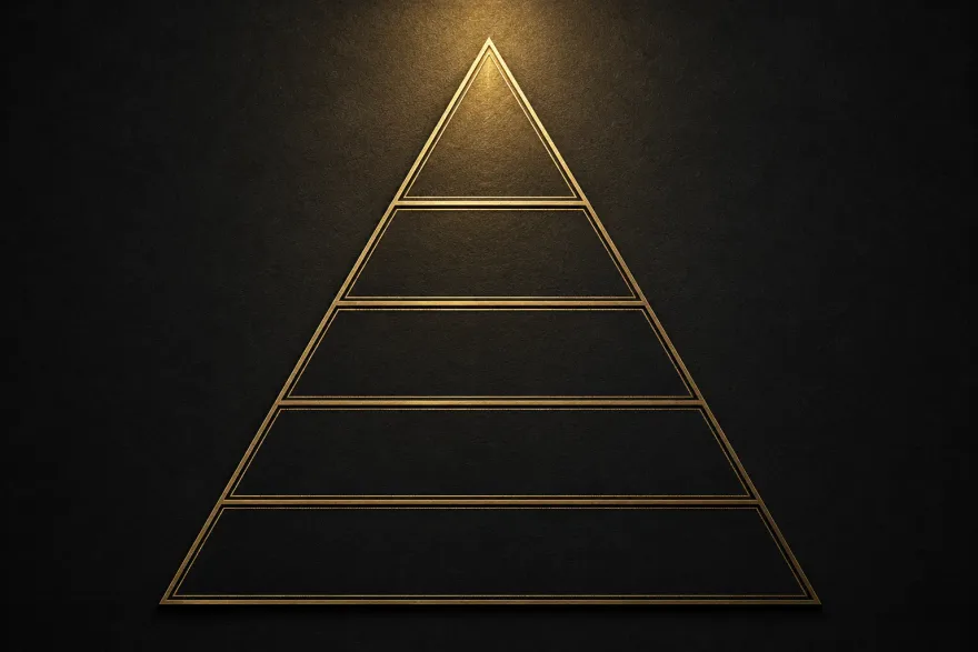 A gold pyramid of five tiers representing the order MeritPlaybook trusts evidence in, official school sources at the top.