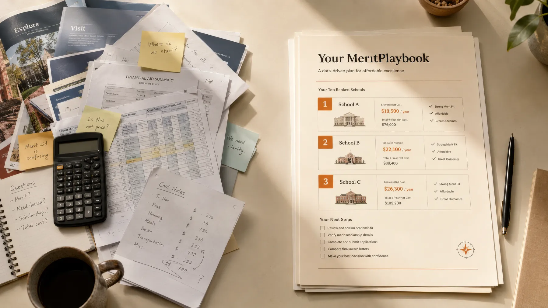 A cluttered search across dozens of tabs and spreadsheets resolving into one clear plan