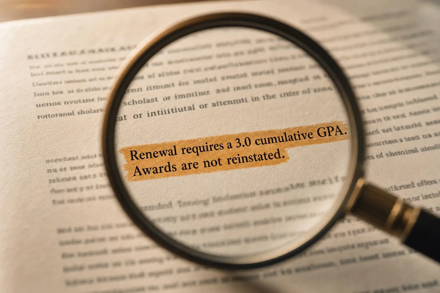 Close-up of a scholarship renewal clause in the fine print